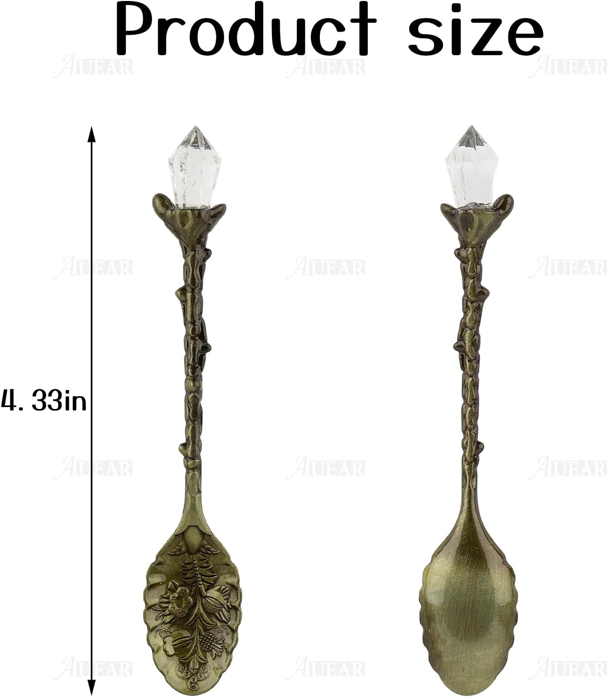 Two decorative spoons with crystal tops and measurements on a white background